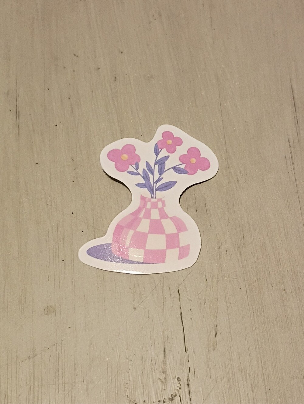 10/$10 Sticker Decal - Pink Flowers Purple Leaves Checkered Vase - Brand New